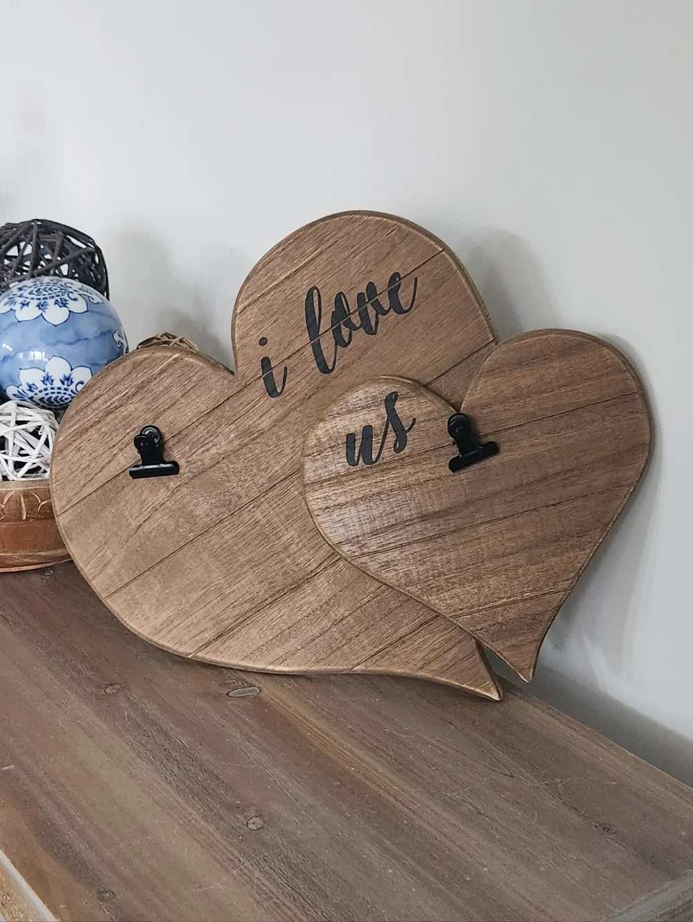 Rustic Double Wood Heart Photo Holder ✨ I Love Us ✨ Farmhouse Decor Anniversary